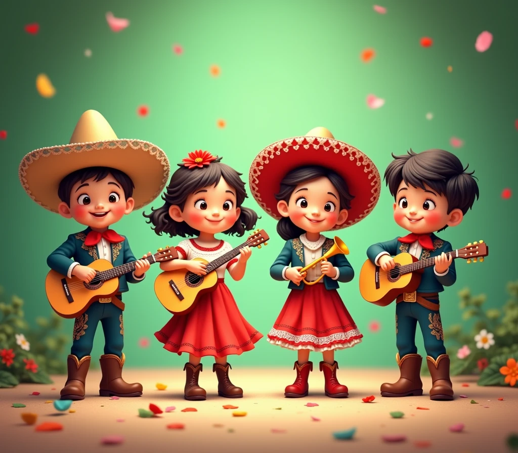 4 cute little kids style L.O.L. Facing the front in traditional Mexican independence clothing playing instruments, guitars and trumpet, Two boys dressed as charros and two girls dressed as adelitas with flowers, celebrating on green gradient background, confetti, a mexican party