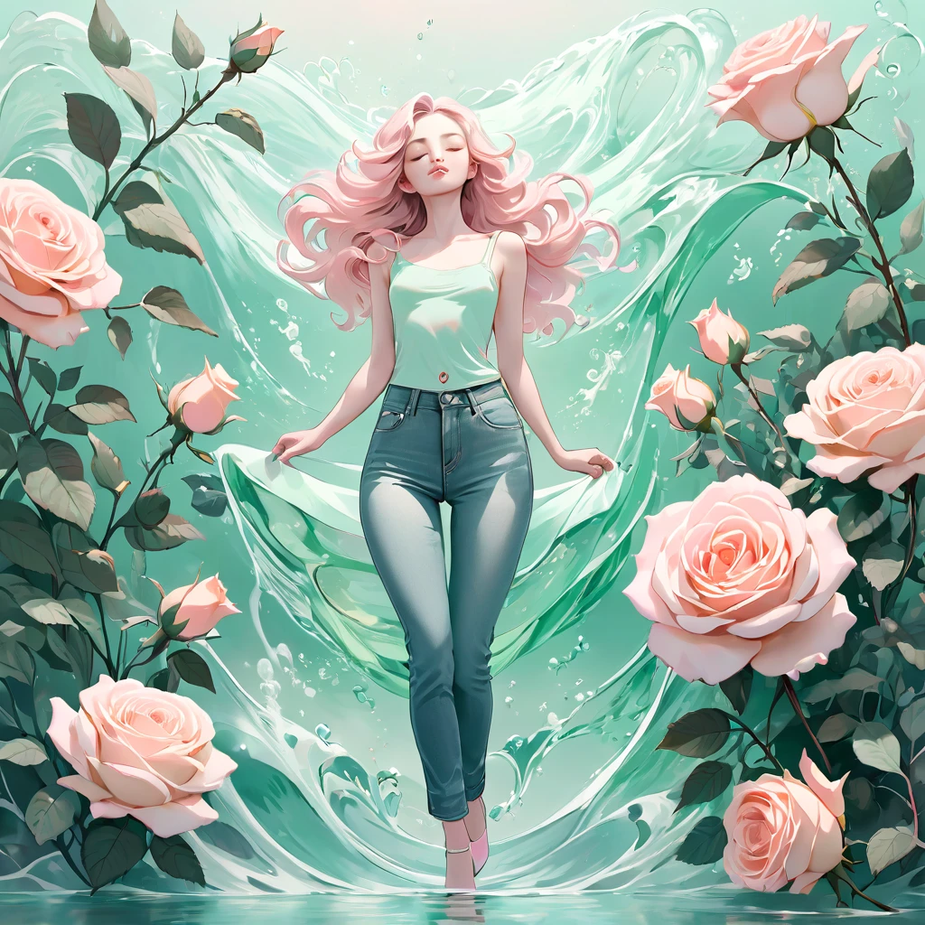 Whimsical fantasy elegant rose floral botany minimalism with a wave of floral garden flowing flowers floating in hazy pastel pink, water green, pastell apricot, Smoke Fractal, atmospheric and extremely realistic flowers, octane rendering, Josephine Wandkunst, Isabel Menin, Jeans, Amy Braun
