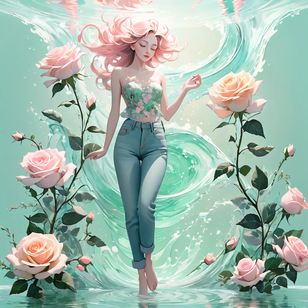 Whimsical fantasy elegant rose floral botany minimalism with a wave of floral garden flowing flowers floating in hazy pastel pink, water green, pastell apricot, Smoke Fractal, atmospheric and extremely realistic flowers, octane rendering, Josephine Wandkunst, Isabel Menin, Jeans, Amy Braun  