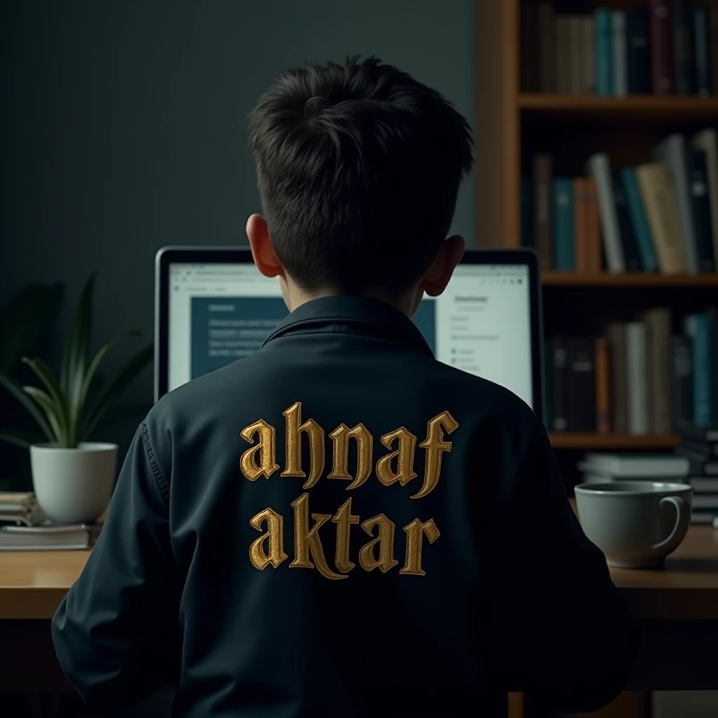 Create imagine of a 14-year-old boy working on a laptop, viewed from behind, wearing a jacket with the text "Ahnaf Aktar" written in a style inspired by the Harry Potter font. The environment is dark, with a clean room and books on a shelf.the picture should be from the back the text should be from back.the photo will be shtaright from back.text should be right in golden 