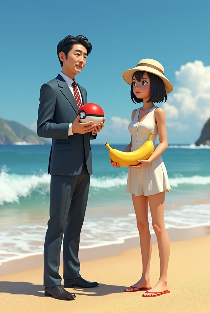 At the Beach, Holding a banana in your right hand、Shinzo Abe holding a Pokéball in his left hand