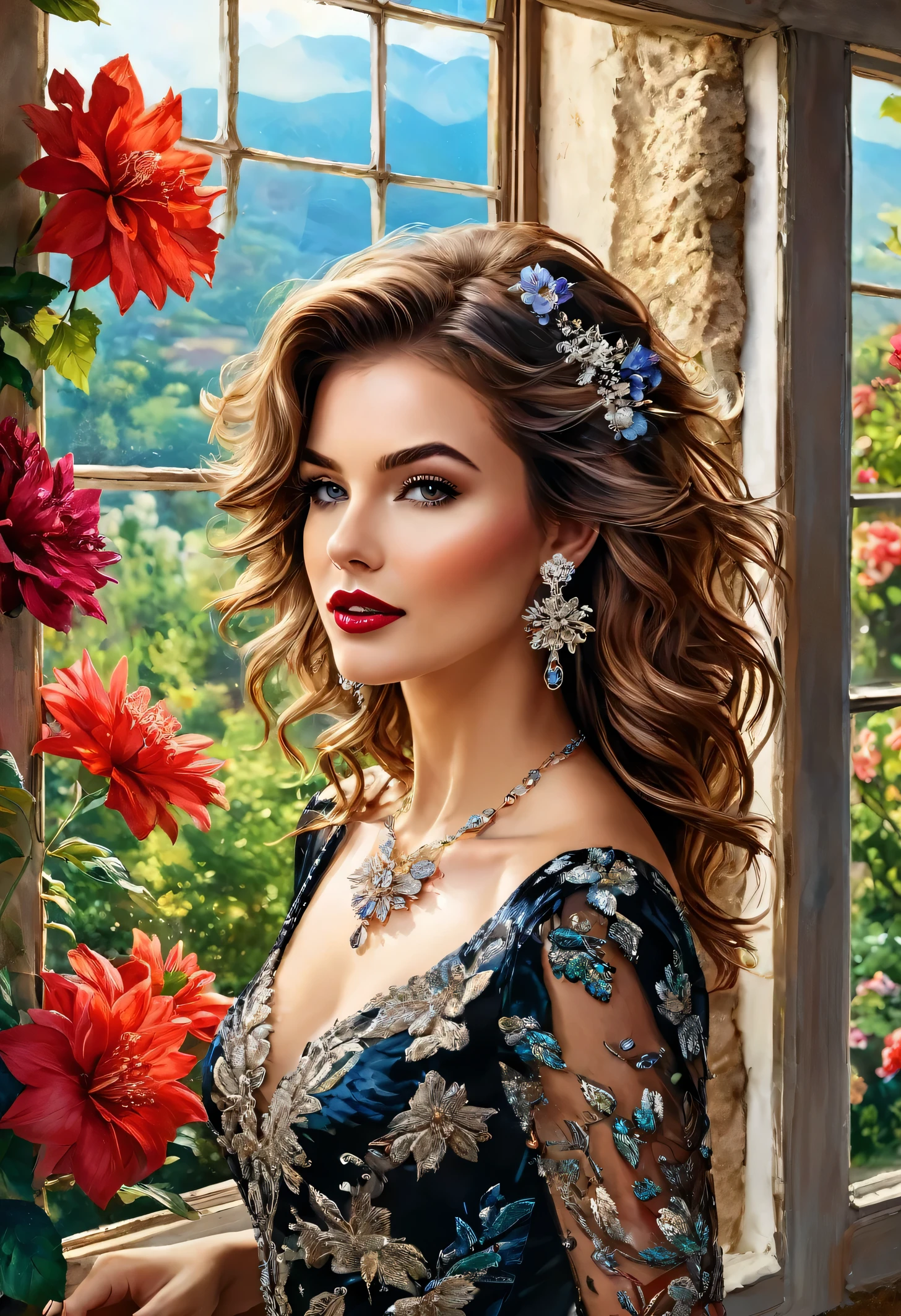 Alcohol ink, a masterpiece. beautiful realistic woman, detailed face, crystal clear amber eyes, red lipstick, flowing brown hair, dried red flower in hair, delicate earrings and necklace, shiny satin red and black floral dress, exposed shoulders, old stone house background,((( flowers in the window and garden))), bokeh, UHD.