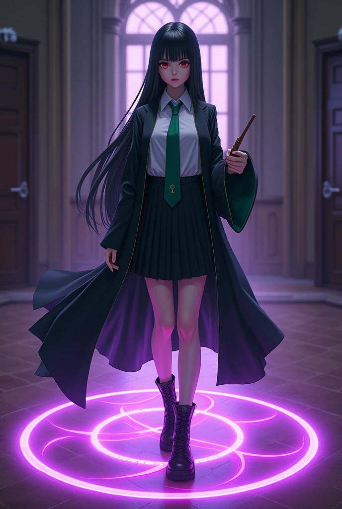 magic magic school。Snake House Student。White blouse。Green tie。Black knee-length pleated skirt。Black lace-up boots。Black robe with green lining。25cm wooden magic wand。Straight long black hair。Bangs。Hime cut hair。Crimson Eyes。Mysterious beautiful girl。Quiet。Expressionless。cold gaze。Indifference。Powerful magic。Purple light。Magic circle at your feet。
