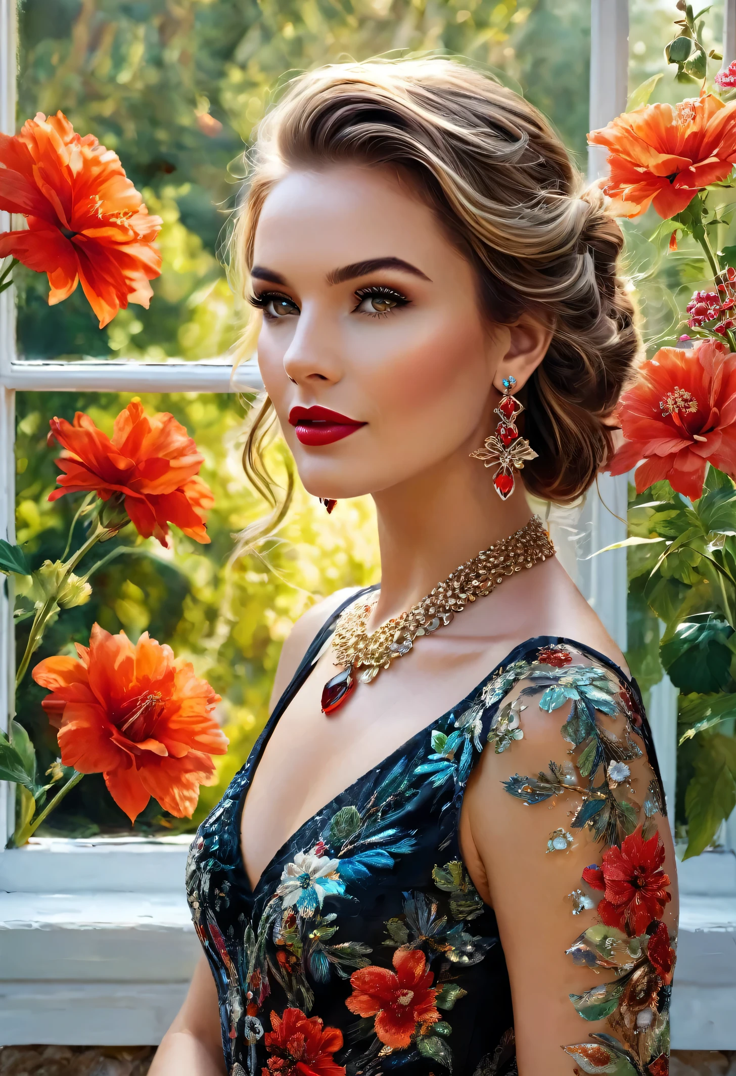 Alcohol ink, a masterpiece. beautiful realistic woman, detailed face, crystal clear amber eyes, red lipstick, flowing brown hair, dried red flower in hair, delicate earrings and necklace, shiny satin red and black floral dress, exposed shoulders, old stone house background,((( flowers in the window and garden))), bokeh, UHD.
