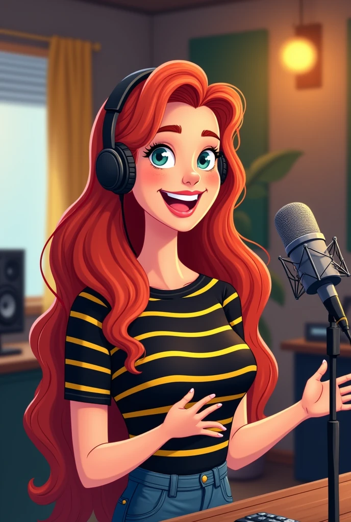 Cartoon of a Caucasian female podcast creator, with red hair and a black and yellow shirt