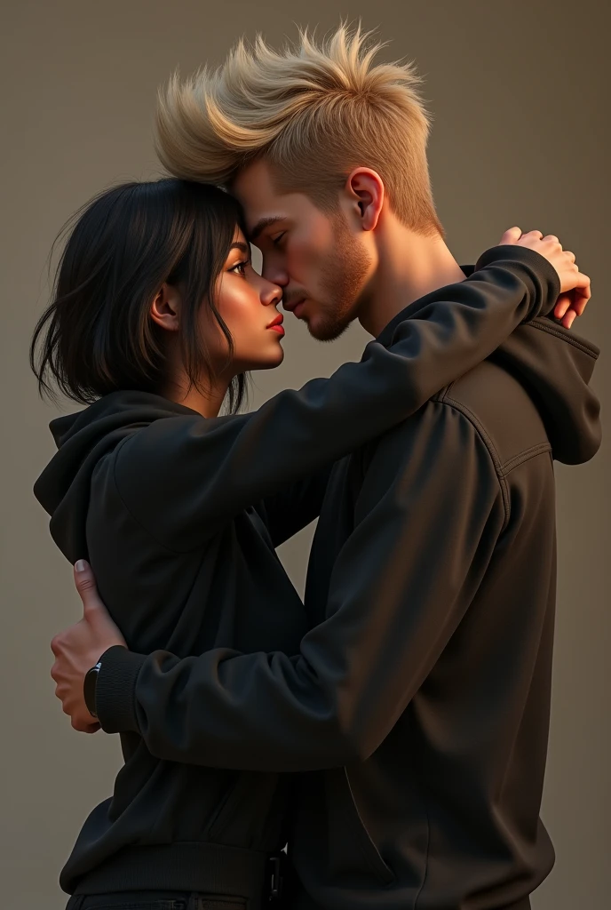 A guy and girl hugging each other, guy: blonde fluffy spiky hair, light skin, clean shave and realistic girl: black brown hair short, wearing a loose black hoodie, dark skin tone, black eyes, straight hair make it very realistic