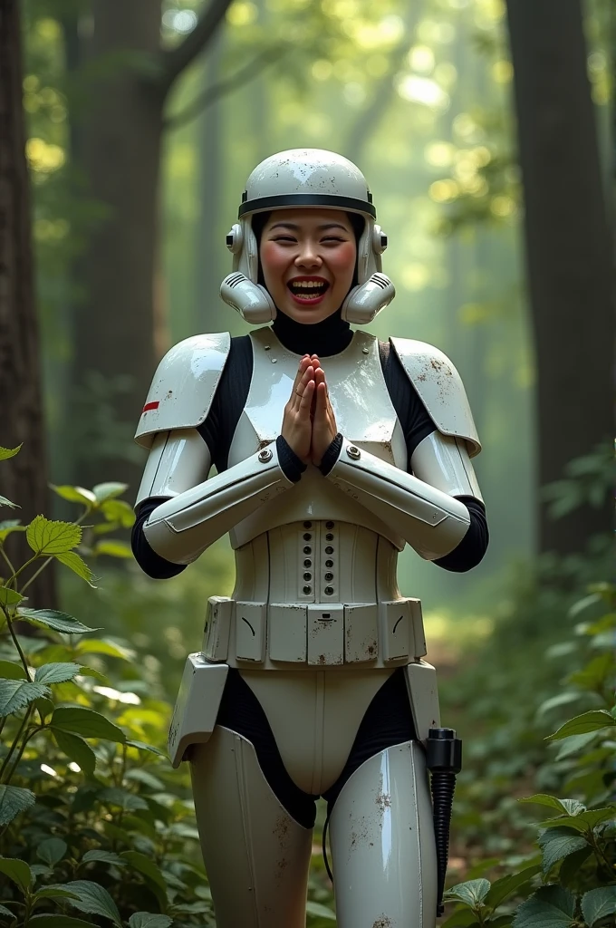 asian female stormtrooper surrender in forest with mind control laugh by Darth vader