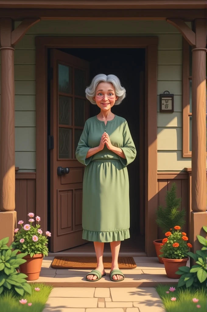 Create me an image of a grandmother standing next to the door of her house