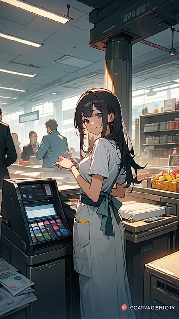 young woman,Back to the wall,smile,((Standing inside the cash register)),Touching the cash register machine,Customer Service,((There is a cash register on the table)),(The cashier is scanning the barcodes of items in a basket)),Each person has one register,Supermarket clerk,Wearing an apron,uniform,((Working as a cashier)),((There are multiple cashiers.)),((cashier,register,)),((Receive money from customers)),There are products on the shelves,In the supermarket,Bright interior,grocery store,There are customers.,Waiting in line outside the register