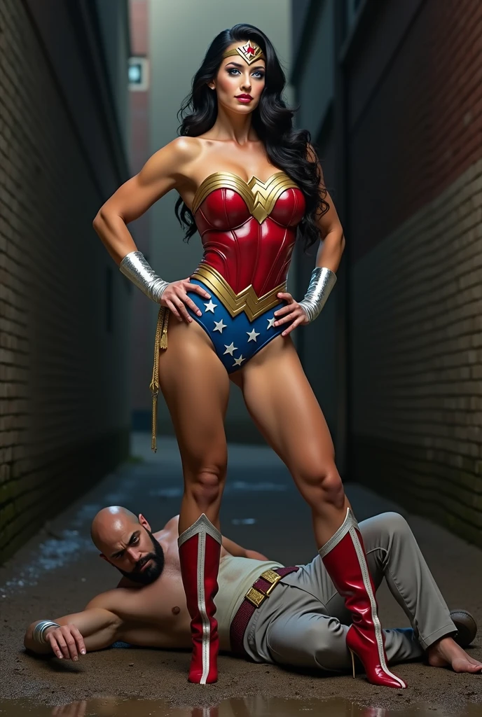 A toned athlete, muscular, blue eyes, black hair Wonder Woman in Wonder Woman’s tiara, red and gold bustier, blue leotard with white stars, ((silver wrist bracelets:1.2)), ((Red knee high boots:1.2)), golden belt with athletic and muscular body standing with hands on hips, fat muscular bald man wearing grey suits laying on the ground unconscious with eyes_closed covered in mud. Dark alleyway background. (perfect anatomy), (masterpiece:1.2), (best quality:1.2), intricate details, Muted Tone, Delicate, Detail, sharp focus, perfect hands, perfect face, perfect eyes, perfect light, dynamic light, natural light