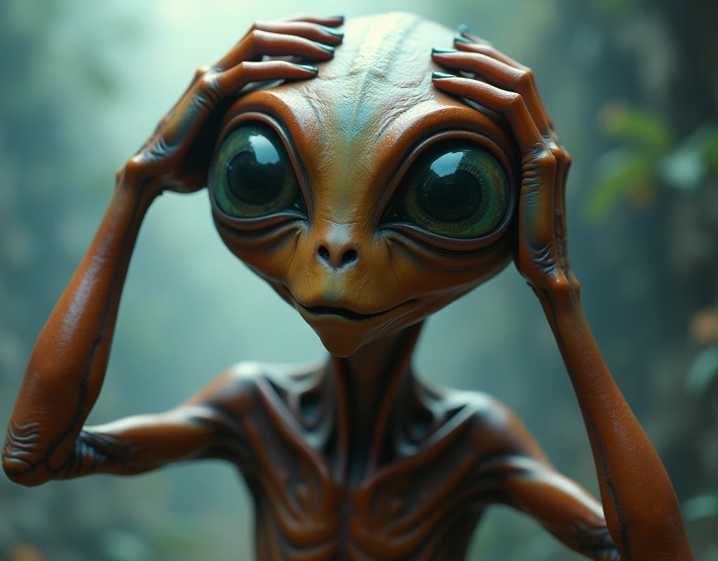 A hyper-realistic 4k alien with large detailed confused expressive eyes, it looks very confused because it is having trouble understanding and is anxiously scratching his head in confusion with his long fingers trying to figure out a deep question, highly detailed, cinematic lighting, volumetric fog, dramatic composition, photorealistic, intricate details, vibrant colors, seamless blending, masterpiece