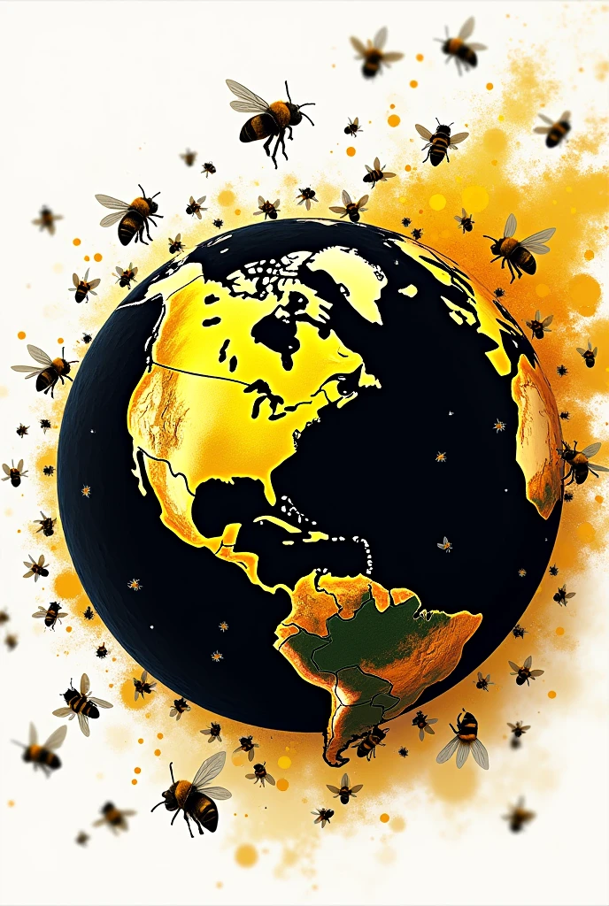 creates an image of the earth in black and yellow colors with bees flying around with the background in PNG format