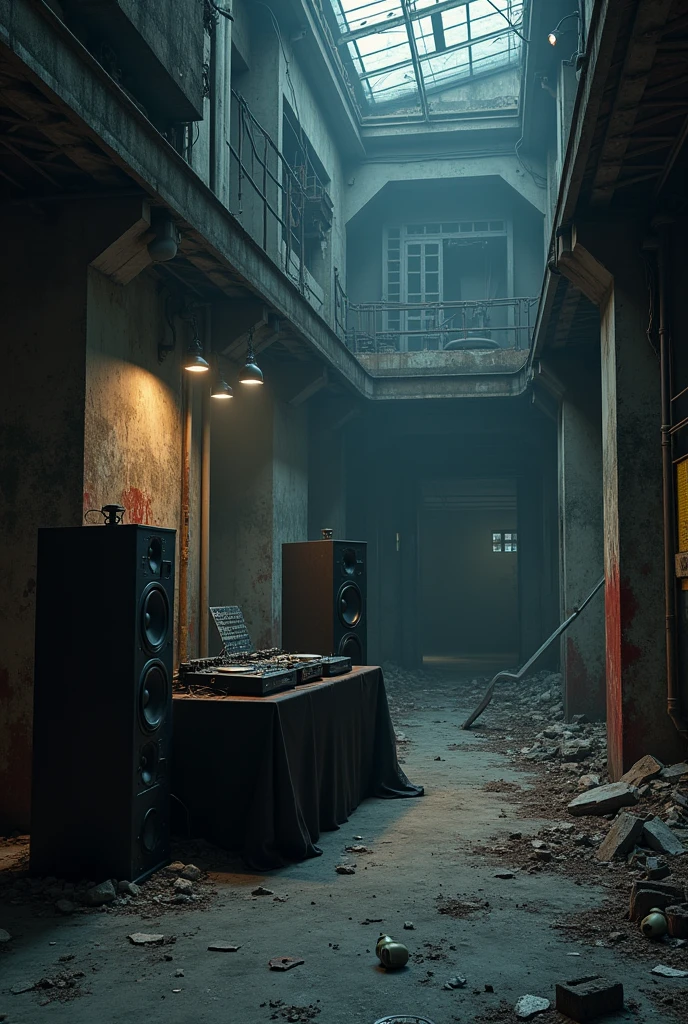 Realistic image with a dark appearance with a scene of an abandoned factory with a big speakers, headphones, DJ setup in the corner and with the environment more in evidence