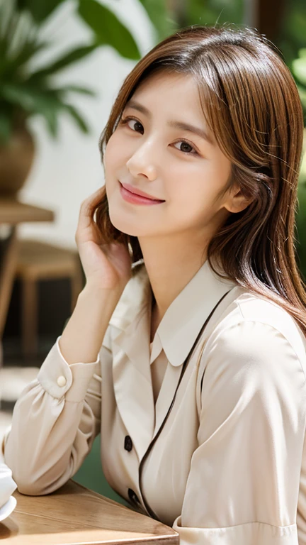 RAW photos), (realistic), (masterpiece), (best quality), high resolution, 8k, (intricate details), (Voluminous light), portrait, female, 3, medium hair, straight hair, Center chest gap, layered hair, brown hair, very nice eyes, source order, very nice eyes썹, very good skin, Very good mouth, Very good nose, Cute like an idol, smiling face, (thick lips), (looking at viewer), (Franchise coffee shop), slim body, Voluminous breasts, ((cafe)), Delicious dessert