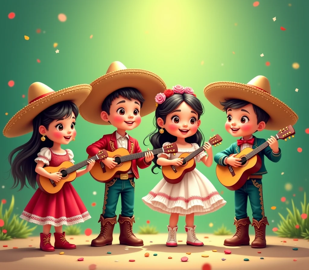 4 cute little kids style L.O.L. Facing the front in traditional Mexican independence clothing playing instruments, guitars and trumpet, Two boys dressed as charros and two girls dressed as adelitas with flowers, celebrating on green gradient background, confetti, a mexican party