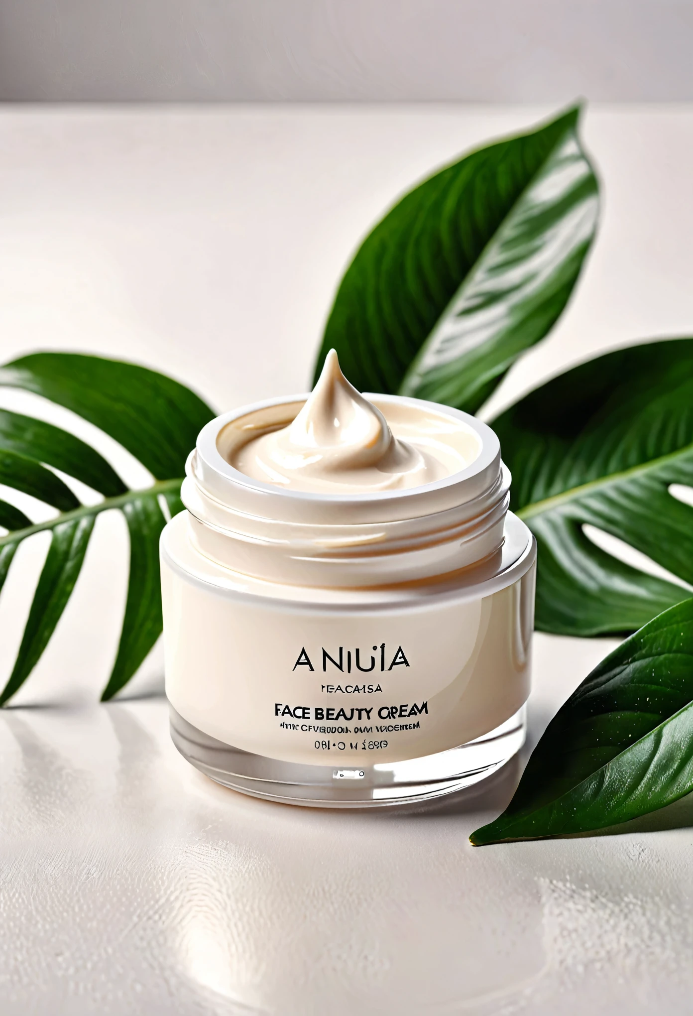 a face beauty cream on a minimalist background with plants, cream with a soft texture