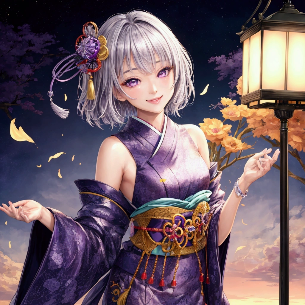 ((Highest quality)),Highly detailed and complex background, , , High resolution, Super detailed, 1. Japanese fashion model,, Bright smile, Purple eyes, A woman with colorful silver short hair、Smiling and beautiful face、Beautiful person、It&#39;s photorealistic、Hyperrealistic、Cool and handsome face、Flat Chest、Fingers are closed