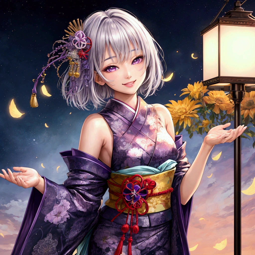 ((Highest quality)),Highly detailed and complex background, , , High resolution, Super detailed, 1. Japanese fashion model,, Bright smile, Purple eyes, A woman with colorful silver short hair、Smiling and beautiful face、Beautiful person、It's photorealistic、Hyperrealistic、Cool and handsome face、Flat Chest、Fingers are closed