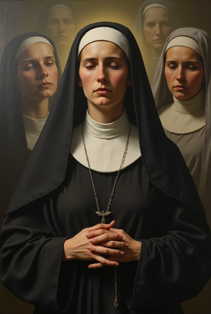 Create a sister of charity called Saint Elizabeth Anne Seton to cry for the death of her children and that she is at the side of her children crying inconsolably and that she is the image as they painted the portraits at that time