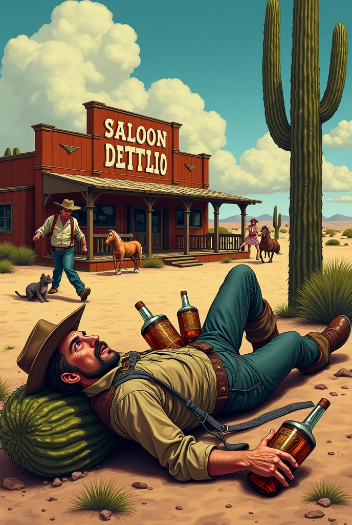 Hyperrealistic color comic 1950s look a drunk cowboy next to a saloon with two large bottles of liquor in his hands lying on top of a cactus in the desert a cowgirl woman helps him in the background a saloon next to him the horse a dog an armadillo and a cowgirl woman who helps him get up in the background a saloon