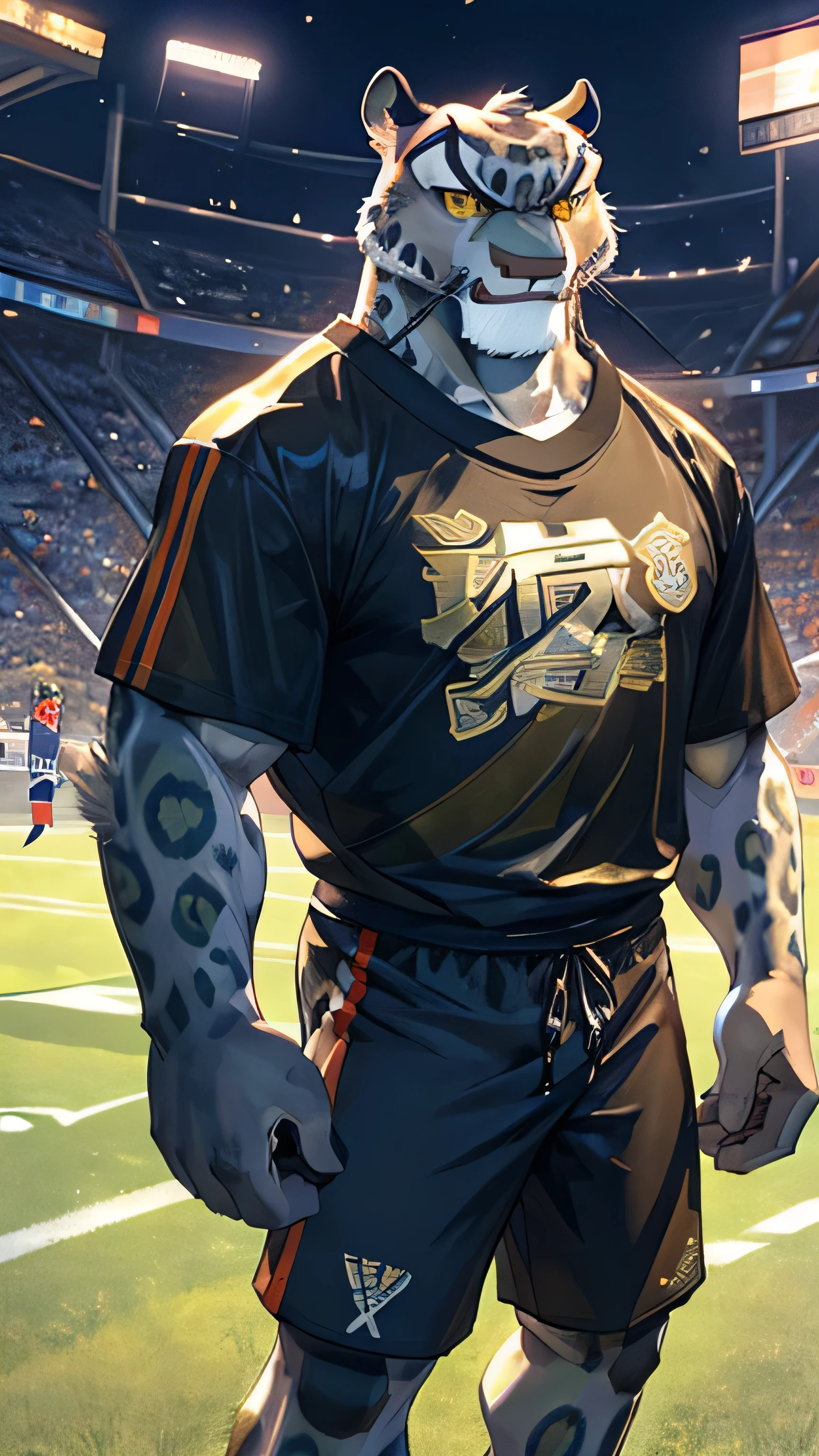 Kung Fu Panda cartoon and TMNT cartoon, furry snow leopard Tai Lung, handsome, perfectly detailed yellow eyes with perfectly detailed pupils, extremely beautiful face, muscular body, gentle look, football gear, wears football t-shirt, football shorts, football sneakers, sexy, hot, tall, slender, gentle smile, selfie, football field background 