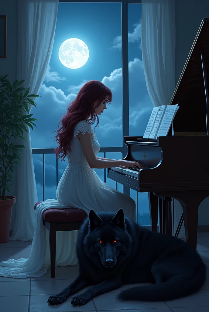 I want a photo of a woman with wine-colored hair, neither too thin nor too fat, in a white nightgown playing the piano at night, and next to her a wolf lying on the floor, with black fur and red eyes., They are in their room and from the balcony you can see a very beautiful full moon
