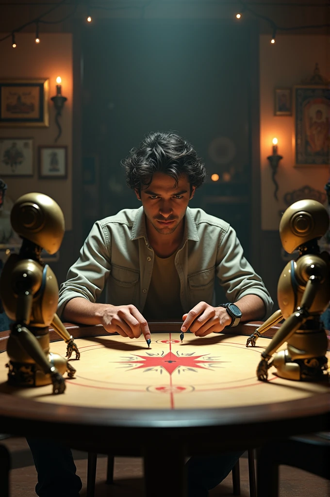 A person playing carrom board with robot images