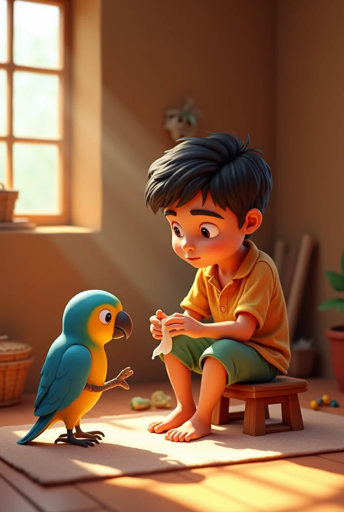  3d cartoon  images 
The boy is seen in a modest village home, sitting on a wooden stool with the parrot perched on a soft cloth in front of him. He is gently wrapping a small bandage around the parrot's wing. The room is simple, with earthen walls, a few traditional Indian decorative items, and sunlight streaming through a small window, casting a gentle glow on the scene