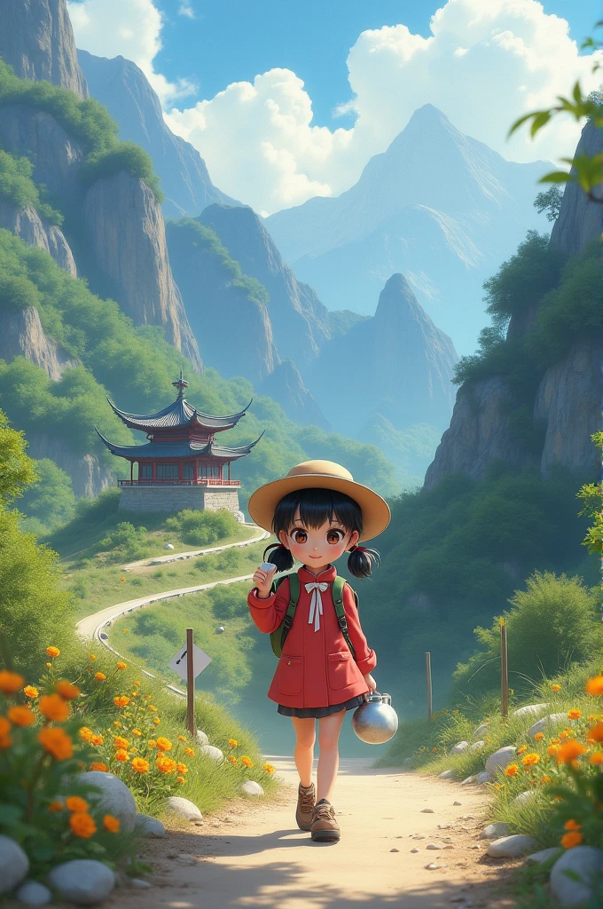 (actual:1.3) , Meticulous, quality, (masterpiece:1.2) , (photoactual:1.2) , (best quality) , (Meticulous肌膚:1.3) , (intricate details) , Ray tracing, Dramatic, cute girl, As brave travelers travel through winding mountain roads, She saw a pavilion and went in to rest，Start brewing coffee。