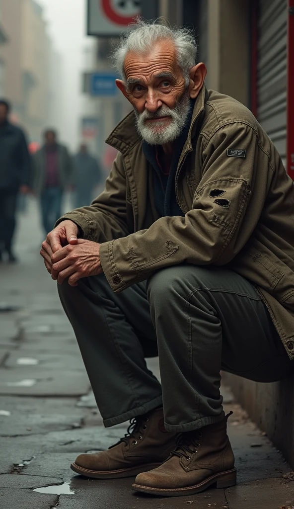 Mr. John is an elderly man in his late 70s, with a frail, thin frame. His face is weathered from years of hardship, with deep lines etched into his skin. He wears tattered clothes—an old jacket with holes, thin pants, and worn-out shoes. His beard is scruffy, and his hair is unkempt, showing the signs of living a difficult life on the streets. smiled