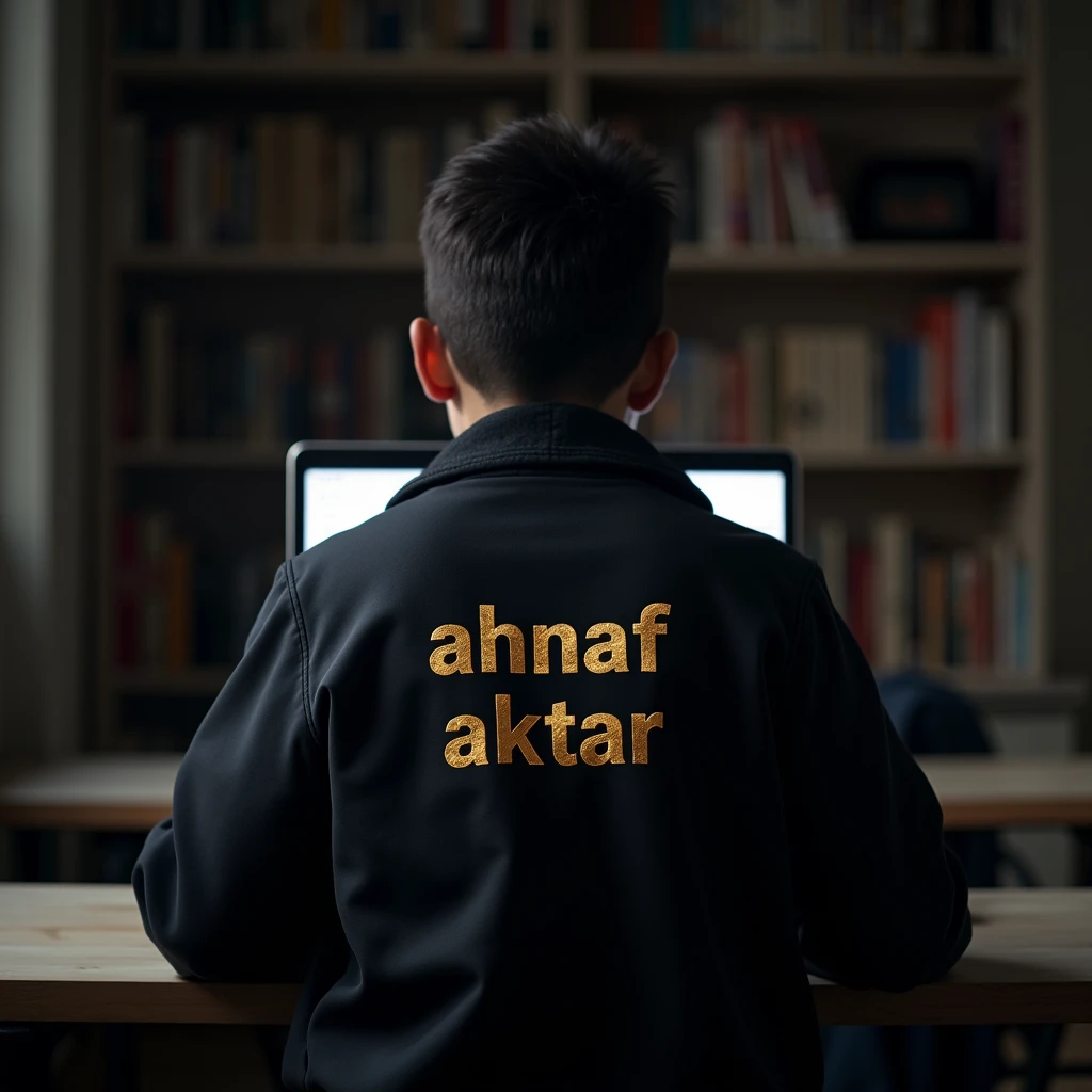 Create imagine of a 14-year-old boy working on a laptop, viewed from behind, wearing a jacket with the text "Ahnaf Aktar" written in a style inspired by the Harry Potter font. The environment is dark, with a clean room and books on a shelf.the picture should be from the back the text should be from back.the photo will be shtaright from back.text should be right in golden