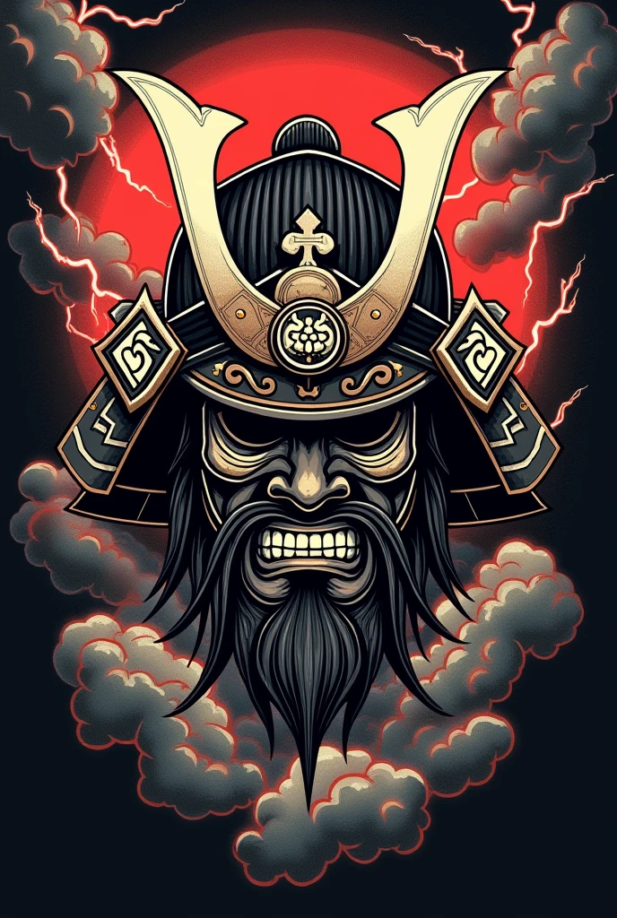 Samurai mask for a Japanese style tattoo, and the image has a black and thunder background 