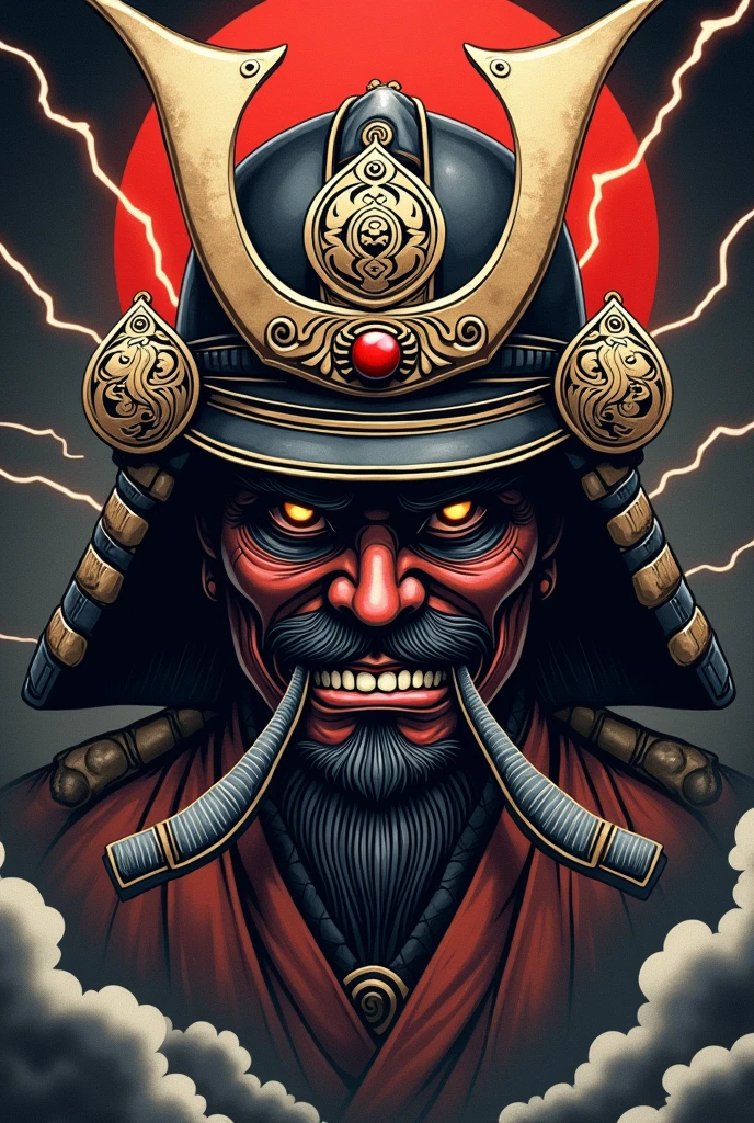 Samurai mask for a Japanese style tattoo, and the image has a black and thunder background 