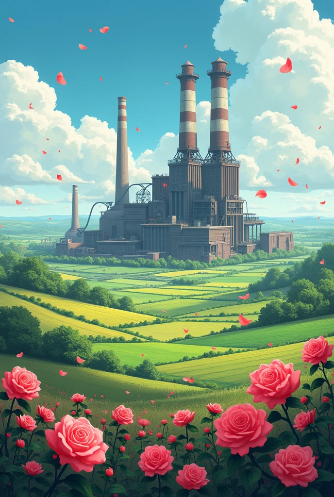 There is a factory in the middle of the farmland, dotted with roses.
