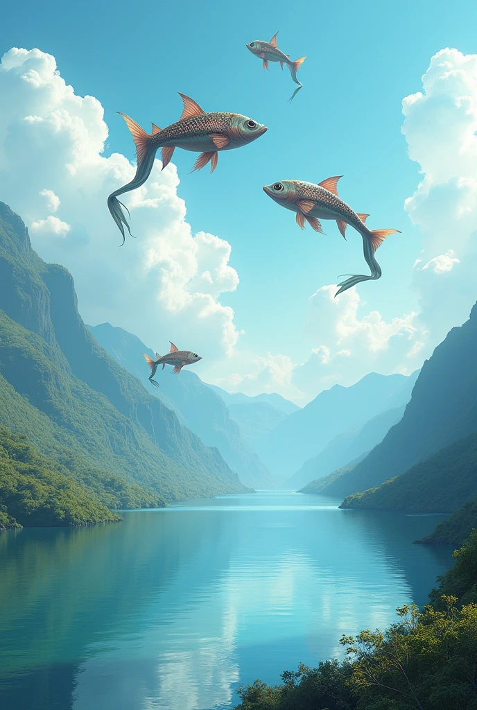 Fantasy flat landscape lake flying fish