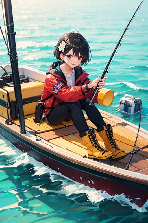 Highest quality、Black Hair、Iris、short hair、、cute、、、Small hair ornament、1 person、Sea and embankment、Fishing pole、fishing、Fishing equipment、Life jacket、Boots、A happy look、