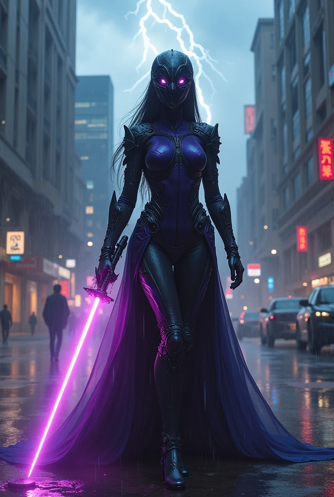 Female warrior,alien body invasion,Heavy metals,energy line,anonymous,bright eyes,elegant,excruciating,purple and black uniform,helmet bị biến dạng,Alone,modern,city,street,Dark Clouds,Thunder,heavy rain, ,Impressive lighting,,(Masterpiece:1.2), Highest quality, High resolution, Beautiful detail, high detail, perfect light, helmet, Dark Clouds, desert