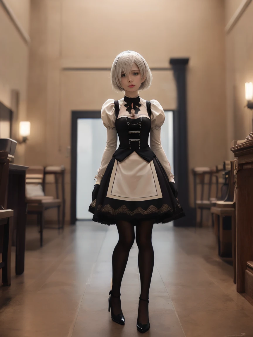 adult Luna the first descendant: nier:Beautiful cosplay of 2b from Automata、A woman cosplaying as 2b、Caucasian skin、Cao Cao、2、English、nier:2b&#39;Automata's black costume、light background、fancyな白い教会を背景に、standing, tranquil, amidst a white church、Photographing from a diagonal angle、work of art、highest quallity、high resolution、fancy、sheen、Cosplay Anime Makeup、Foto real de cosplay、cool photos、full - length portrait、handsome pose、Wrapped in a pale white glow、SOM、happiness、kindness、Softly rendered