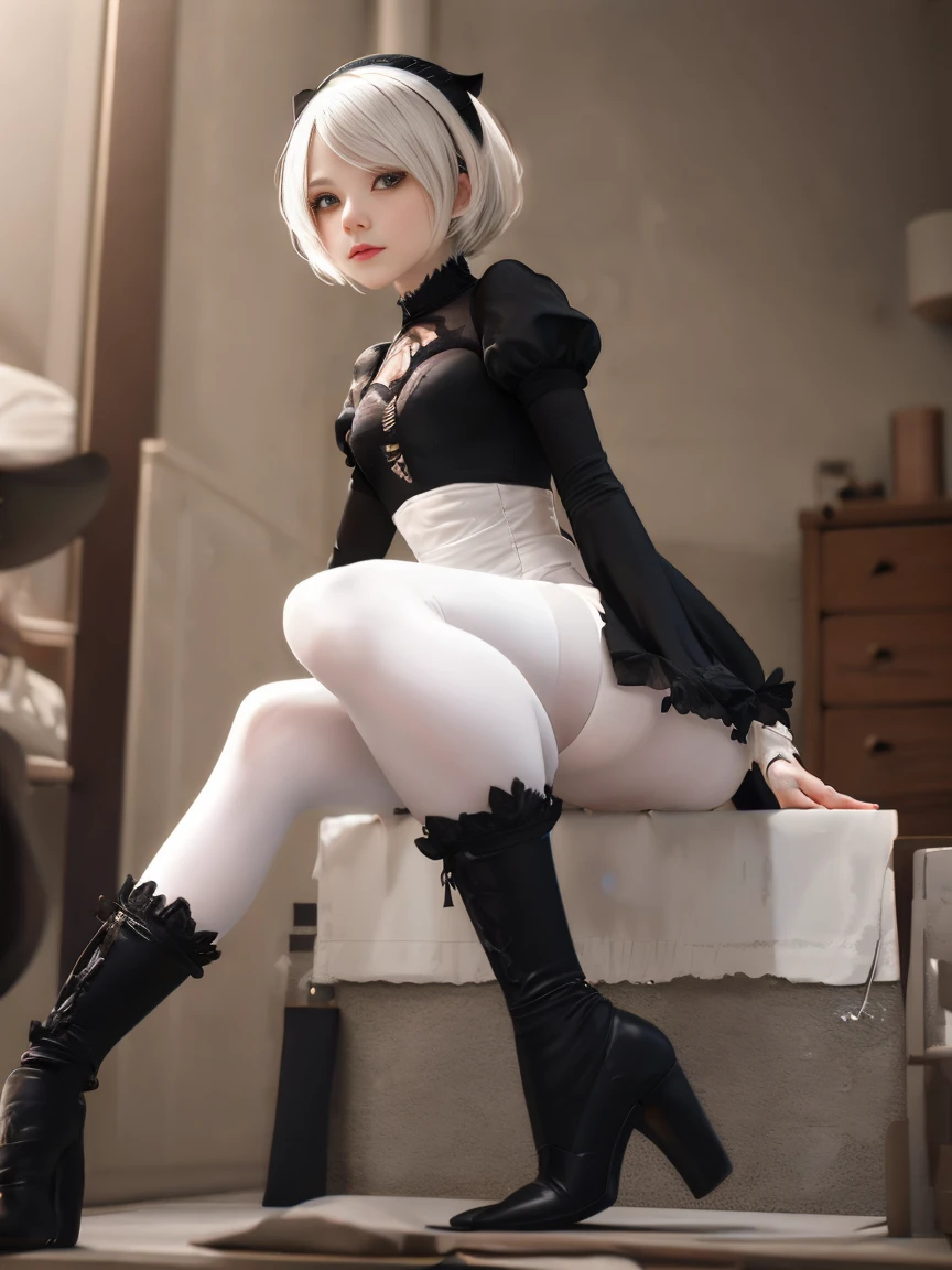 adult Luna the first descendant: nier:Beautiful cosplay of 2b from Automata、A woman cosplaying as 2b、Caucasian skin、Cao Cao、2、English、nier:2b&#39;Automata's black costume、light background、fancyな白い教会を背景に、standing, tranquil, amidst a white church、Photographing from a diagonal angle、work of art、highest quallity、high resolution、fancy、sheen、Cosplay Anime Makeup、Foto real de cosplay、cool photos、full - length portrait、handsome pose、Wrapped in a pale white glow、SOM、happiness、kindness、Softly rendered