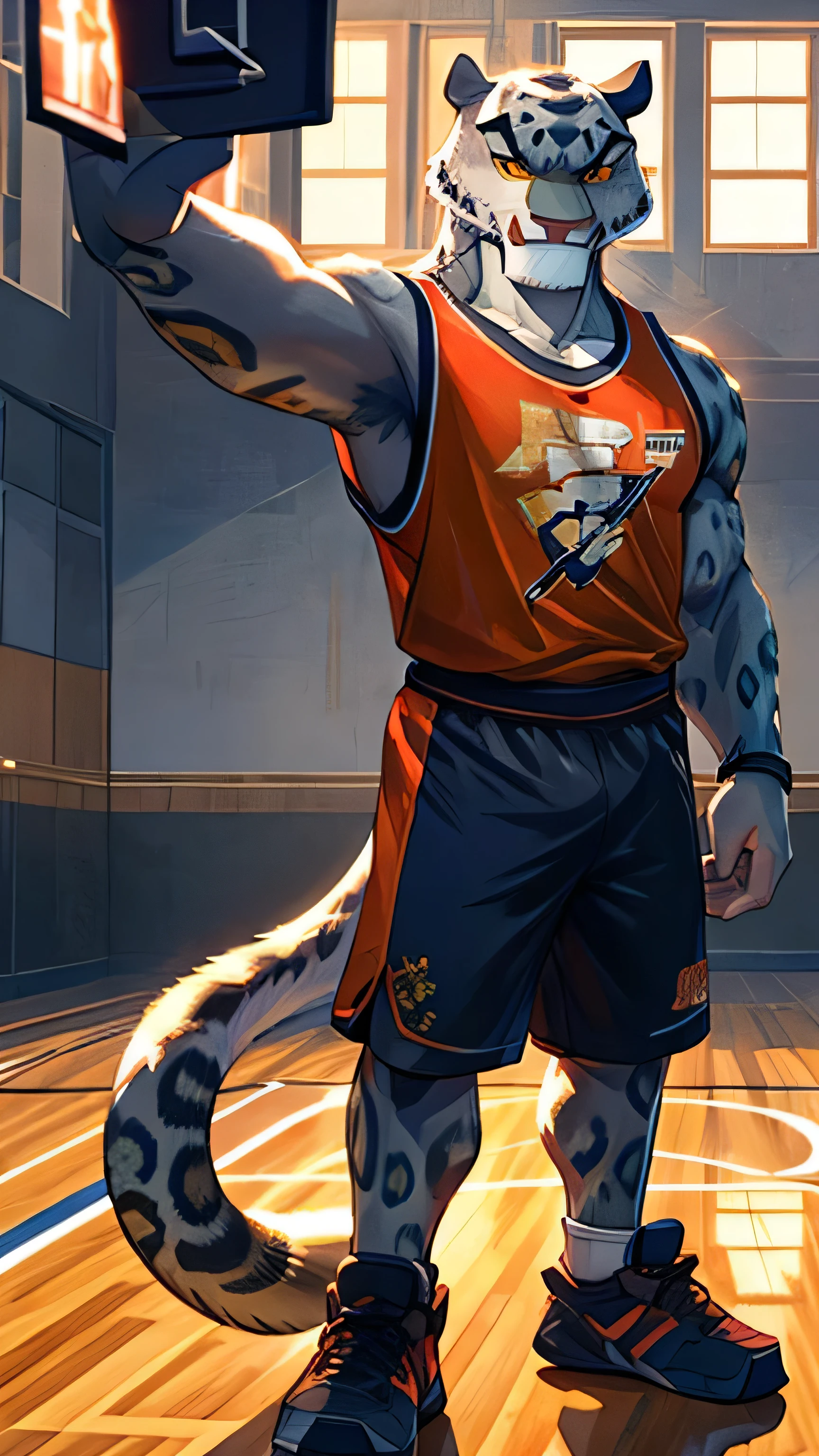 Kung Fu Panda cartoon and TMNT cartoon, furry snow leopard Tai Lung, handsome, perfectly detailed yellow eyes with perfectly detailed pupils, extremely beautiful face, muscular body, gentle look, basketball gear, wears basketball t-shirt, basketball shorts, basketball sneakers, sexy, hot, tall, slender, gentle smile, selfie, basketball court background