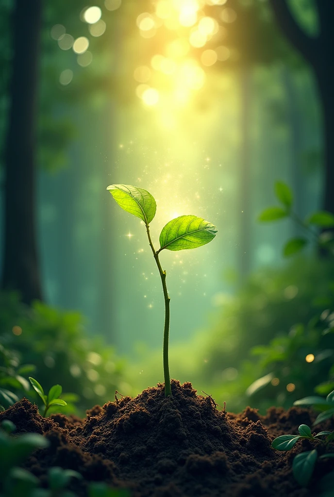 a seed growing with some forest behind it, enchanted with a light from the sky, add this text "Dale otra oportunidad a nuestros suelos" 