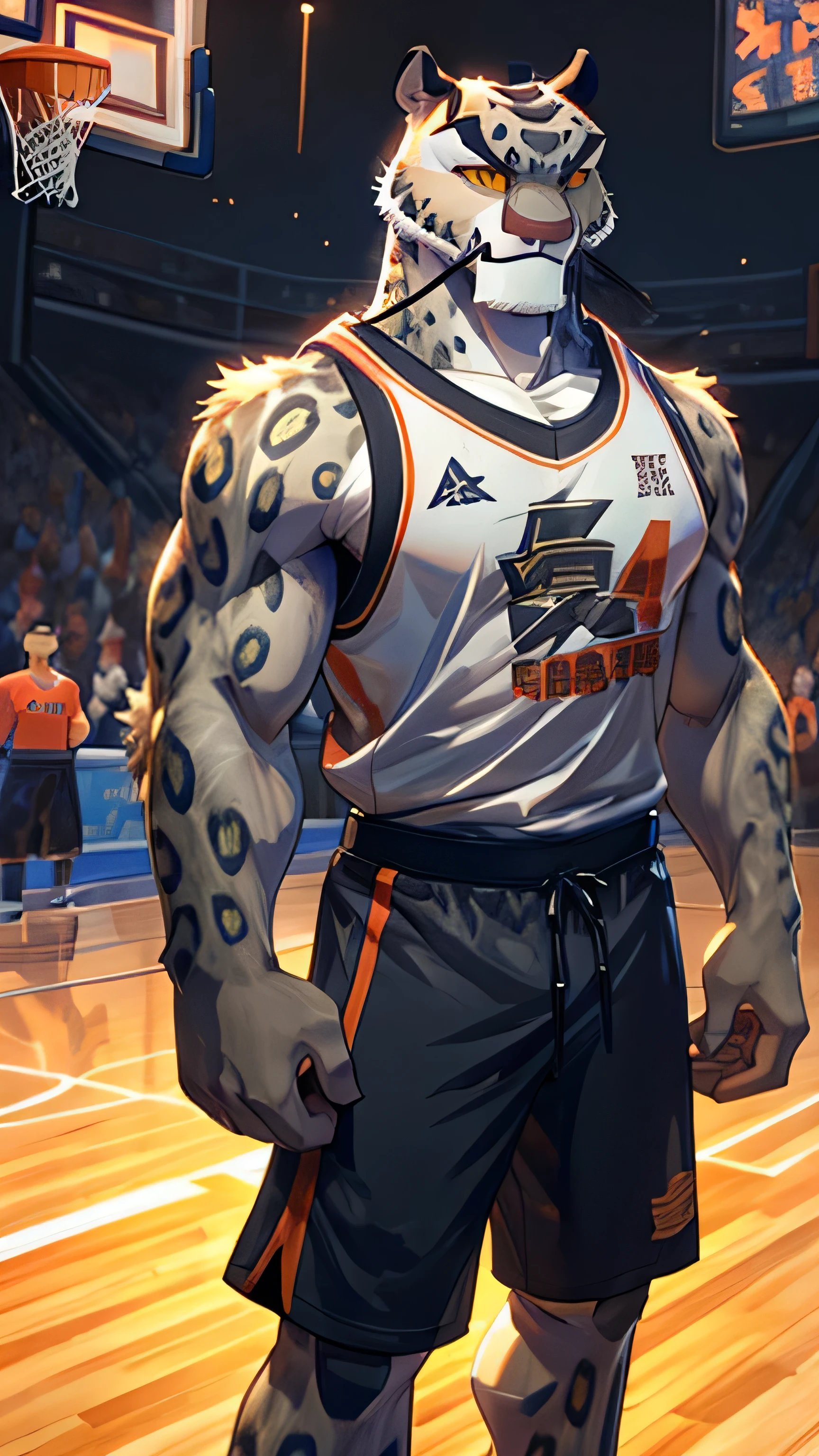 Kung Fu Panda cartoon and TMNT cartoon, furry snow leopard Tai Lung, handsome, perfectly detailed yellow eyes with perfectly detailed pupils, extremely beautiful face, muscular body, gentle look, basketball gear, wears basketball t-shirt, basketball shorts, basketball sneakers, sexy, hot, tall, slender, gentle smile, selfie, basketball court background