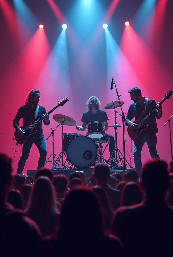 Draw a music band with a drummer in the middle, a guitarist on the right and a bass' musician on the left.