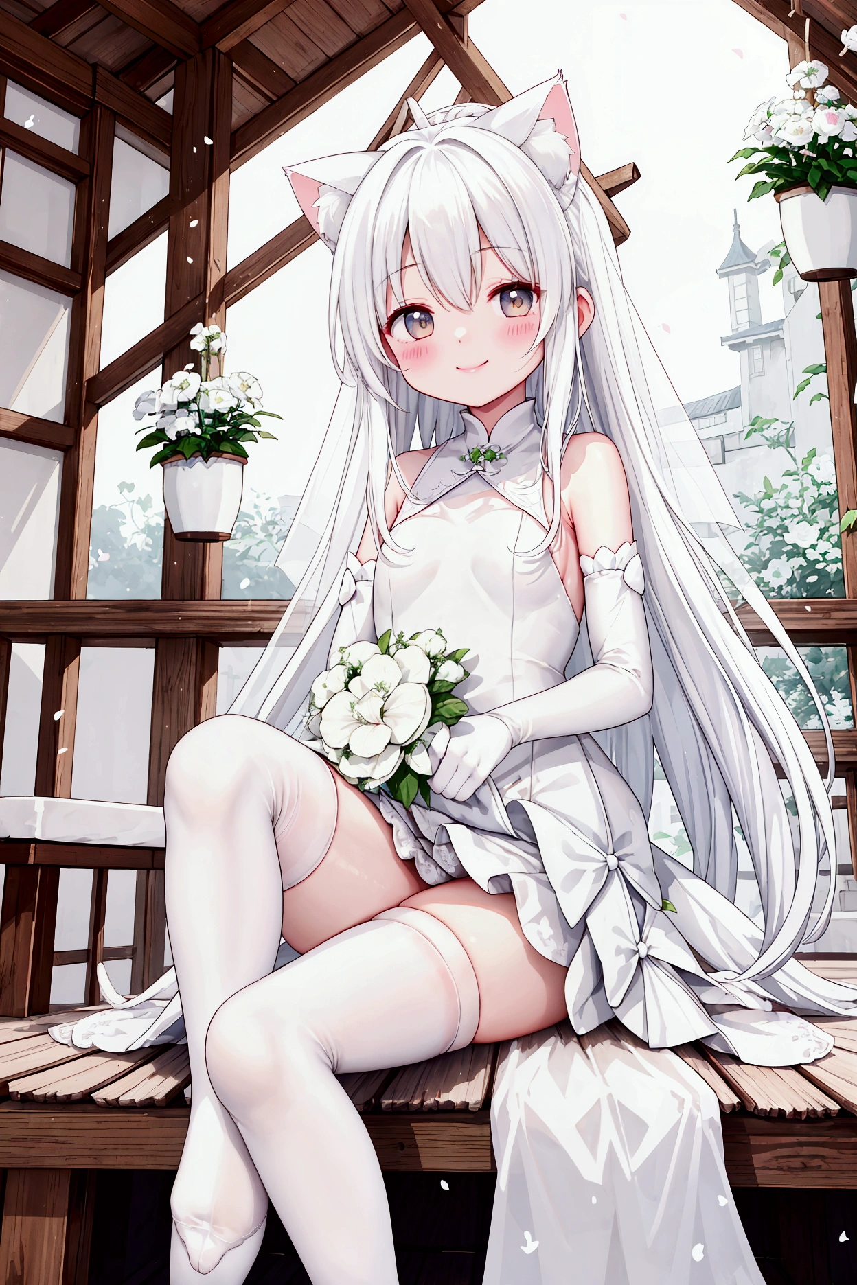 ((Peaceful café、Wooden roof plants),(Chiying：1.2，White long hair、White extra-long gloves，Cat ear:1.1,Broken oily white over-the-knee socks，White wedding dress，Bride，Close Range，Bride,1，Aho，Short legs，Lift your legs，Charming Smile))