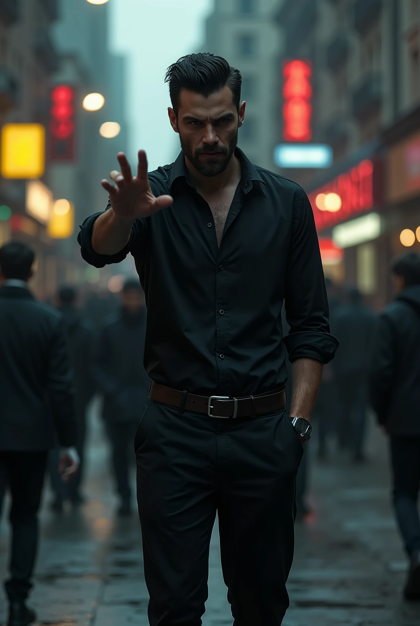 Ek creepy handsome man jisne black shirt and pent pehni h sadak kinare jha aas paas log aa jaa rhe h jhukkar niche dekh rha h or finger dikha rha h or hass rha h