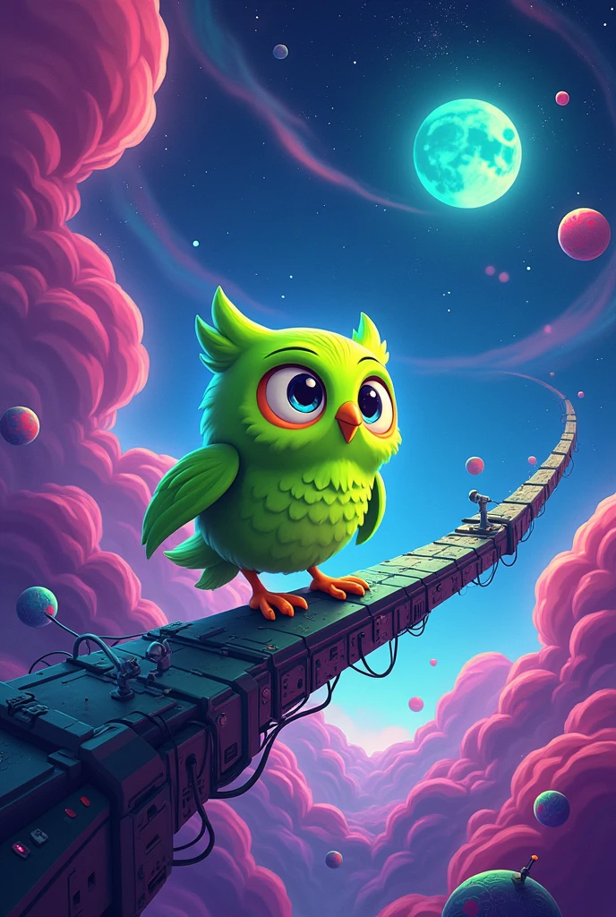 
Create a background with an electronic universe in which a green owl is traveling in cartoon style
