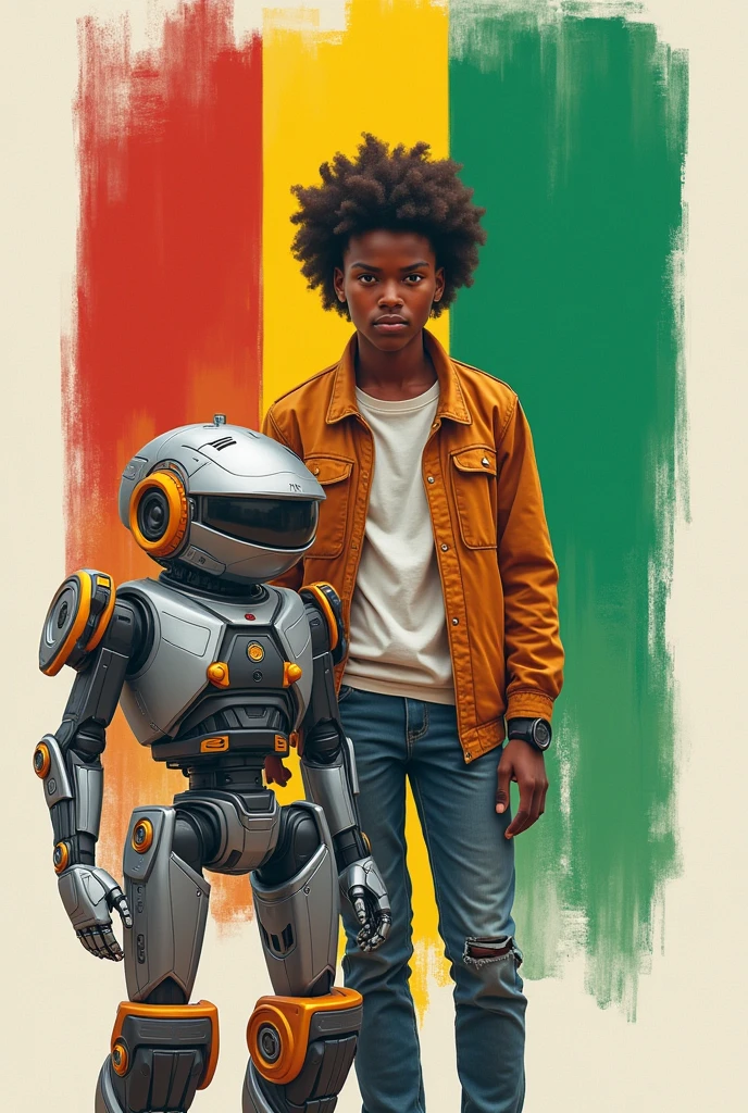une image avec un adolescent qui me représente un adolescent un peu noir avec un robot et le drapeau Malien vert jaune et le rouge avec le texte Nianan Coul le roboticien