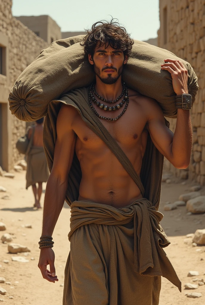 Young Epictetus as a Slave:
Prompt: "A young man dressed in ragged, worn-out clothes, carrying heavy loads on his shoulders. He has a calm and focused expression despite the hardship. The scene is set in a dusty, rough environment, with simple stone buildings in the background, representing a life of slavery." Higher realistic
It is related to the previous generated image
