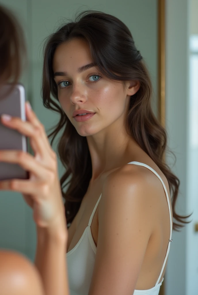 Visage d’une fille brune de 22 ans avec les yeux bleu de type européenne, Italian with fine features and light freckles, qui a un menton lisse sans fossette et qui se prend en photo dans le miroire d’une salle de bain modern tres realiste en 4k