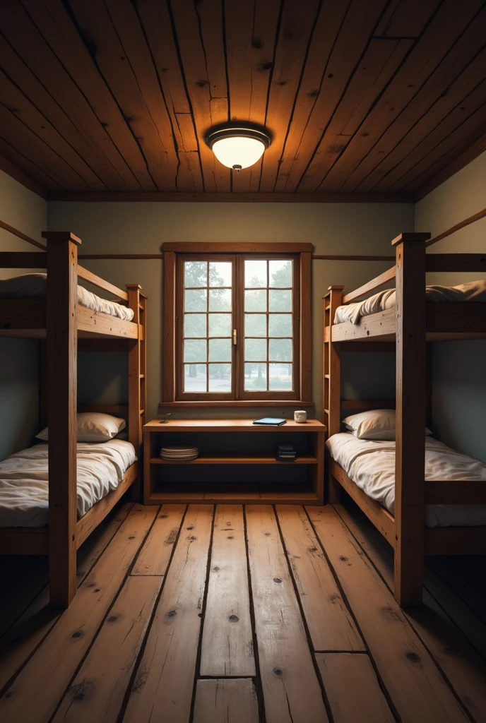 A shelter room with bunk beds for multiple people but no people.
